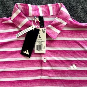 NWT Adidas Golf Polo Shirt Mens Large Pink Stripe Short Sleeve Athletic Sport